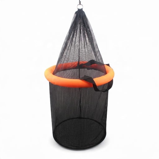 Flydende fiskekurv til levende fisk Foldbar 35 x 42 cm Nylonnet Flyder af EPE-skum Sort-orange Til agn og fiskeri