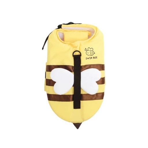 Flydevest til hunde i bi-design med striber og vinger Brystmål 40 til 52 cm og halsmål 30 til 36 cm Længde 25 cm Lynlås på ryggen