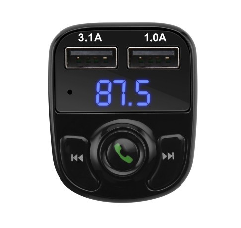 FM-lähetin autoon Bluetooth 4.0 Laturi 2x USB 3,1 A ja 1 A Musiikin toisto TF-kortilta jopa 32 GB Näyttö Virta 12–24 V