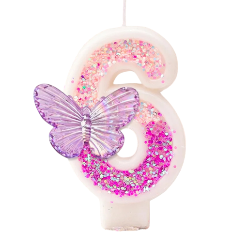 Födelsedagstårta ljus nummer 6 7,5 cm Rosa ljus med glitter och fjäril Parafinljus för födelsedagstårta