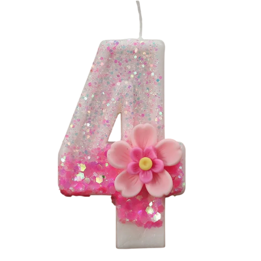 Födelsedagstårtljus nummer 4 Rosa ljus med glitter och blomma Dekoration för födelsedagstårta festljus