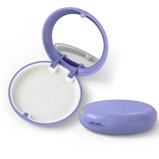 Fodral för tandställningar och tandproteser med spegel 9 x 9 x 2 cm plast lila med färgglad insida för förvaring av aligners