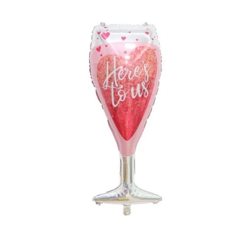 Foil Balloon in the Shape of a Heart Glass Here’s to Us 99 × 44 cm Pink and Silver Decorative Balloon for Weddings, Valentine's, Celebrations and Parties