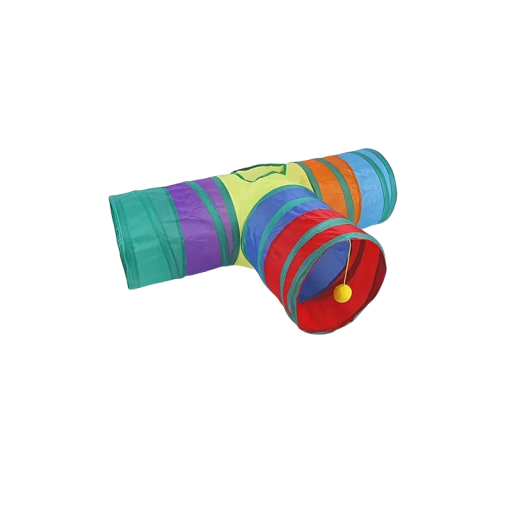 Foldable Colourful Cat Tunnel in T Shape 80 x 30 x 25 cm Polyester Tunnel with Central Opening and Hanging Play Ball