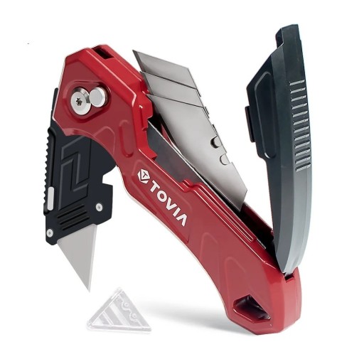 Folding Box Cutter with Blade Storage 3 Blade Positions Safety Cardboard Cutter Knife with Hook and 3 Spare Blades