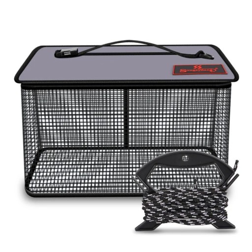 Folding Fishing Cage with 5 m Rope Rubberised Keepnet 40 × 23 × 24 cm Durable Mesh Sturdy Construction Easy to Transport