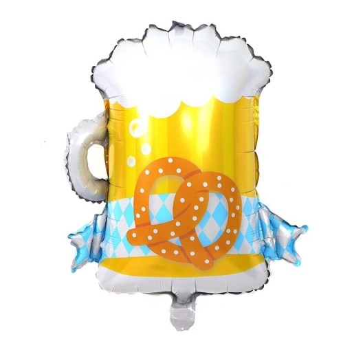 Fóliás balon söröskorsó formájában pereccel 66 × 57 cm sárga-kék dekoratív balon bulikra, ünnepségekre, fesztiválokra és tematikus partikra