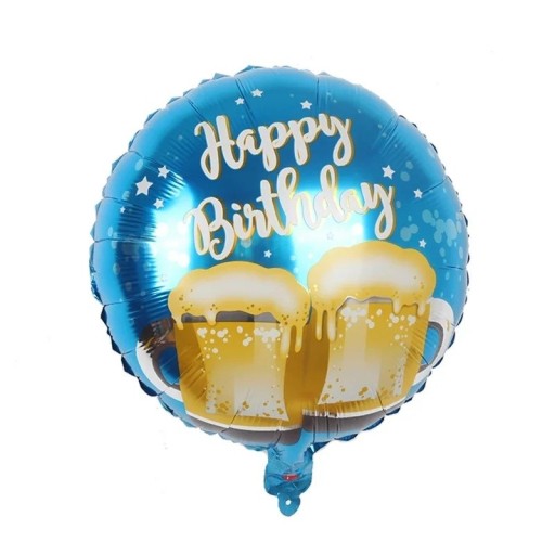 Fóliás születésnapi lufi Happy Birthday sörmotívummal 43 × 43 cm kék kerek lufi dekoráció születésnapi ünnepséghez