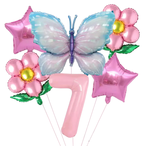 Foliebalonger nummer 7 med fjäril, stjärnor och blommor 81,3 cm och 45,7 cm Foliebalonger rosa blå födelsedagsdekoration