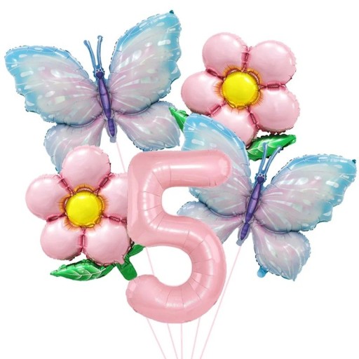 Foliopallot numero 5 perhosilla ja kukilla 81,3 cm ja 45,7 cm Foliopallot vaaleanpunainen sininen syntymäpäiväkoriste juhliin