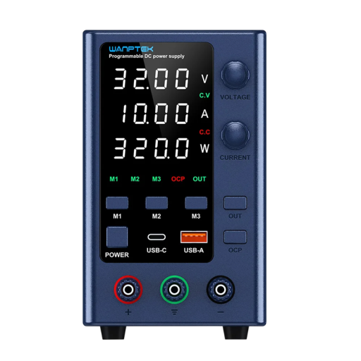 Fonte de alimentação azul 32V 10A 320W Fonte de laboratório DC com USB-C USB-A e visor LED Regulação de tensão Memória M1 M2 M3 Protecções
