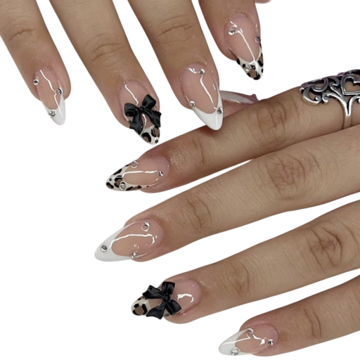 Forma de Almendra 24 Pzs Uñas Acrílicas Artificiales con Manicura Francesa Diseño de Leopardo Lazo 3D con Piedras Juego para Uso Doméstico y de Salón