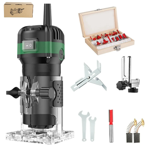 Fraiseuse électrique à main 800W 6 vitesses 33000 tr/min avec roues de guidage et ensemble de 15 fraises dans une boîte en bois pour le travail du bois