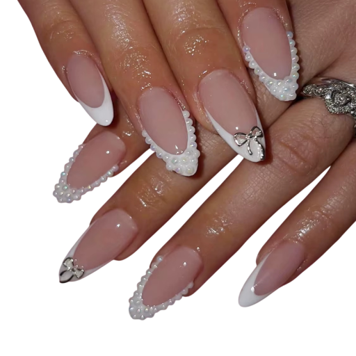 Franse manicure met parels 24 stuks Zelfklevende acryl tips Amandelvorm Volledige dekking Elegante versierde nagels voor vrouwen