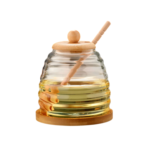 Frasco de miel 500 ml con tapa y cuchara para miel frasco transparente para miel con soporte para almacenar y servir miel en la cocina