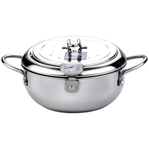 Friteuse japonaise avec thermomètre et grille d'égouttage 20 cm 2,2 l en acier inoxydable argenté pour la friture à domicile