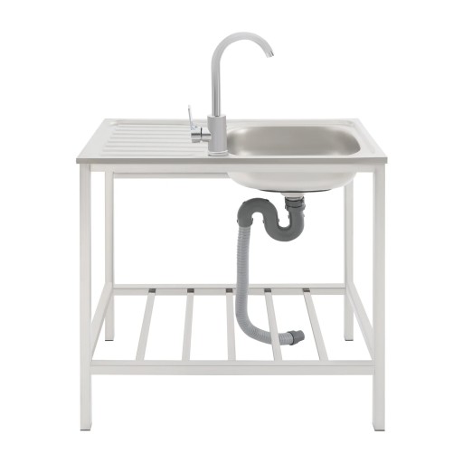 Fritstående køkkenvask med stel og drejbar armatur 75 x 40 x 75 cm i sølvfarve med dryppeplade og nederste opbevaringshylde