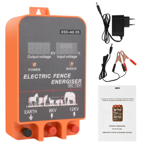 Fuente eléctrica para cercas con pantalla LCD, salida de 12 kV y acumulación de 2,5J, cargador naranja para caballos, cabras y ganado