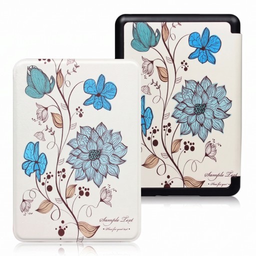 Funda blanca tipo flip de 6 pulgadas para Kindle de 10.ª generación 2019 con flores azules y turquesas dibujadas y enredaderas con correa y protector