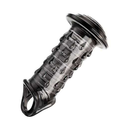 Funda de silicona para pene con punta expandida en forma de hongo y anillos de masaje con agarre para testículos tipo estrangulador. Embalaje discreto.