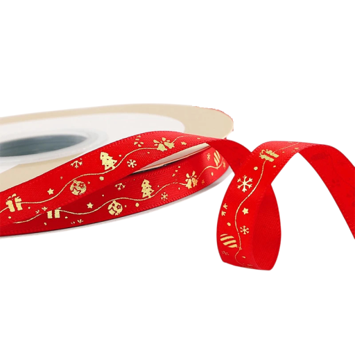 Fundă decorativă de Crăciun 1 cm x 5 metri cu motive de brăduți, fulgi de zăpadă și cadouri pentru ambalarea cadourilor și decorarea festivă