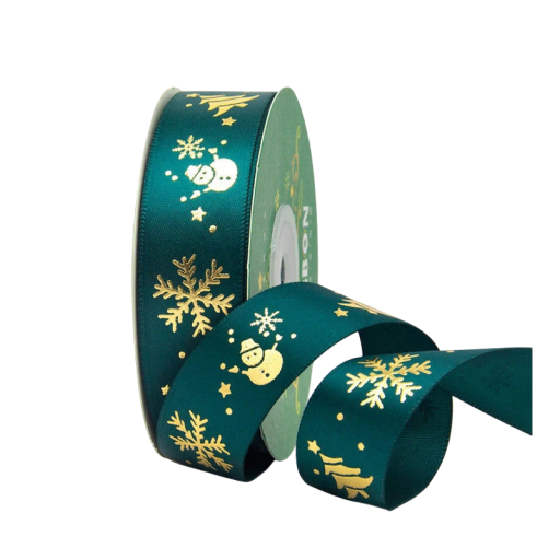Fundă decorativă de Crăciun verde 2,5 cm x 5 metri cu om de zăpadă, fulgi de zăpadă și motive de Crăciun pentru ambalarea cadourilor și decorare