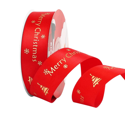 Fundă decorativă roșie de Crăciun 2,5 cm x 5 metri cu motive de Crăciun și imprimeu auriu pentru ambalarea cadourilor și decorarea festivă