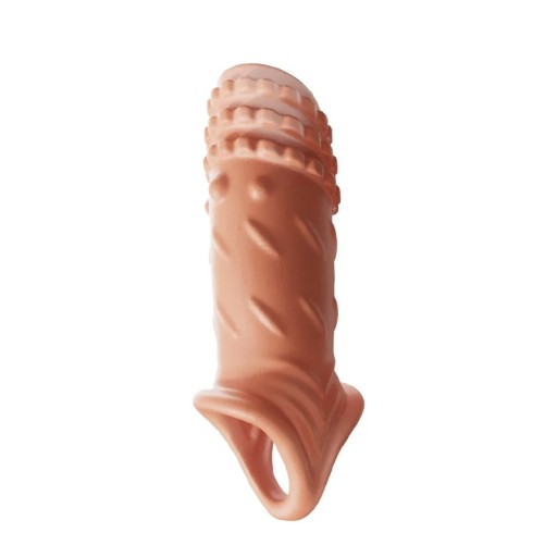 Funda para pene con tres filas de protuberancias y trama cruzada con anillo de estrangulamiento para extensión, erección más firme y estimulación. Embalaje discreto.