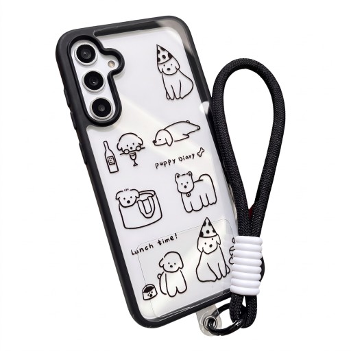 Funda transparente con correa para la muñeca Samsung Galaxy A16 Resistente Diseño de perros dibujados Bordes negros Protección de la cámara Funda