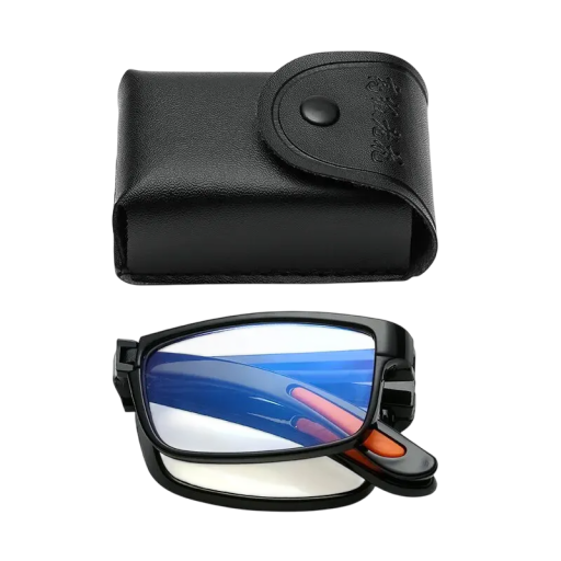 Gafas de lectura de plástico plegables negras +1.50 con filtro de luz azul, gafas compactas con estuche de piel sintética, protección ocular