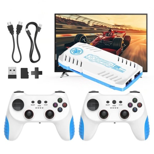 Gameconsole voor TV met 50.000 retrospellen en dubbele gamepad X10 Pro, 128 GB, draadloos, wit-blauw, voor twee spelers