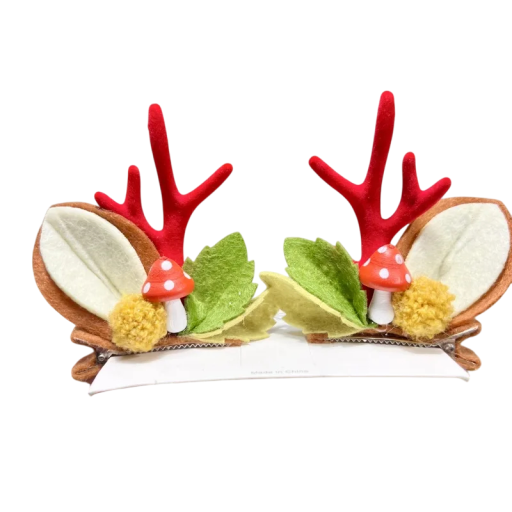 Ganchos de cabelo de Natal com chifres de rena, orelhas, cogumelo, folhas e pompom Acessório florestal para penteado de Natal e fotografia de inverno