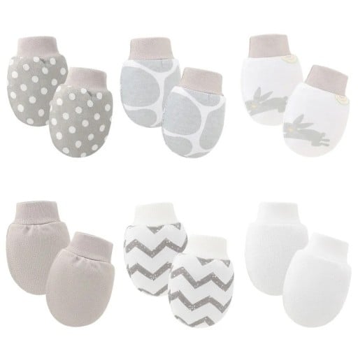 Gants de bébé anti-griffures pour nouveau-nés, paquet de 6 paires, matériau en coton, couleur grise et blanche, taille 0–1 an