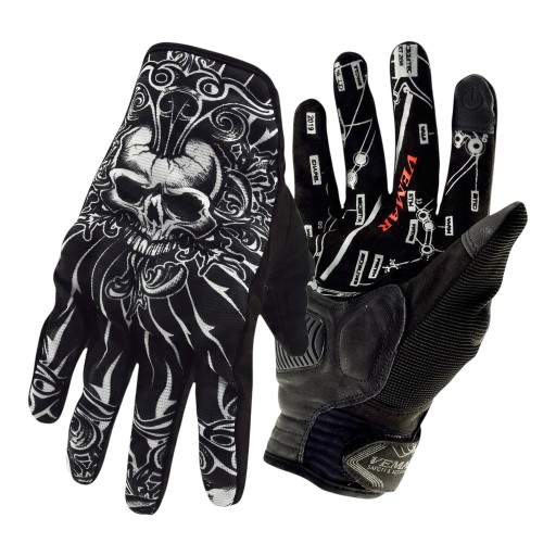 Gants de moto et de motocross à doigts complets, tactiles et résistants avec impression de crâne en noir pour la conduite de moto et en terrain