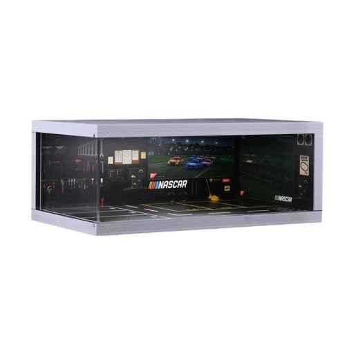 Garágem iluminada para modelos de automóveis 26,2 × 15,1 × 10,4 cm NASCAR Paragem de pit stop de corrida Diorama 1:64 Caixa de exibição com iluminação LED