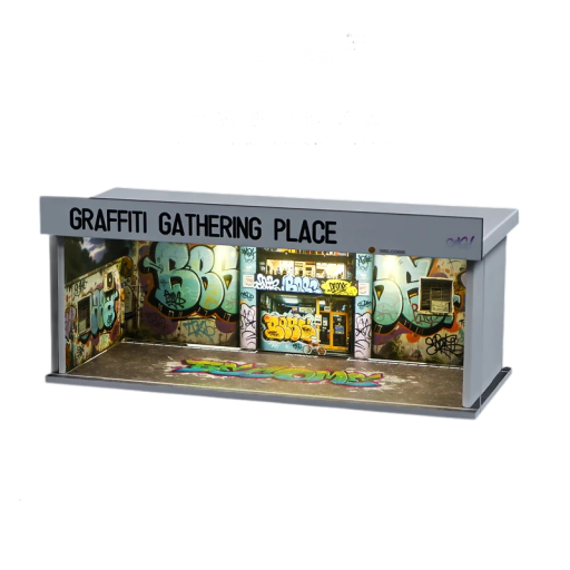 Garage grafitata illuminata 30 × 13,3 × 12 cm Diorama di un autoservizio per modelli di auto Scena espositiva vetrina da collezione USB illuminazione
