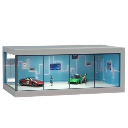 Garașă albastră iluminată 26,5 × 15 × 10,5 cm Dioramă de service auto pentru modele de mașini Scenă de expunere vitrină pentru colecționari