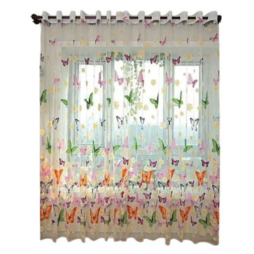 Gardin med sommerfugletryk 200x100 cm polyester gennemsigtig hvid med farverige sommerfugle og blomster til børneværelset og soveværelset