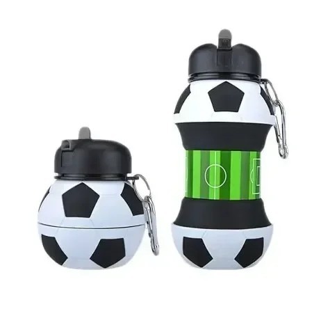 Garrafa de silicone dobrável para beber com motivo de futebol 500 ml Garrafa desportiva preta e branca garrafa de água dobrável portátil para desporto