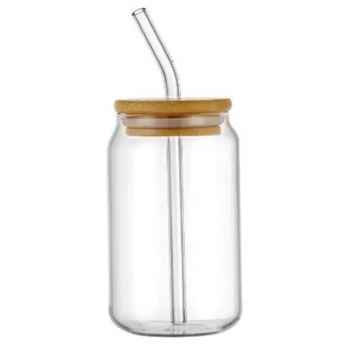 Garrafa de vidro transparente 550 ml com palhinha de vidro e tampa de bambu 12,3 x 6 cm Garrafa ecológica para bebidas frias