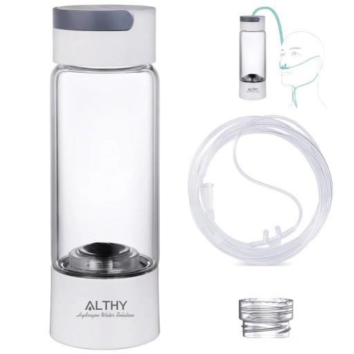 Garrafão com gerador de água Recipiente de vidro com alto teor de hidrogénio 380 ml Garrafa de água de duas câmaras rica em hidrogénio Ionizador Dispositivo de inalação 21 x 7 cm