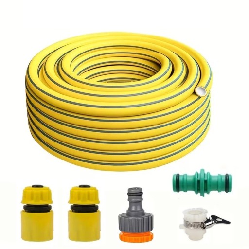 Garten-Schlauch mit Anschluss-Set 15 m flexibler gelber Kunststoffschlauch mit Adapter und Schnellanschlüssen für Bewässerung und Reinigung