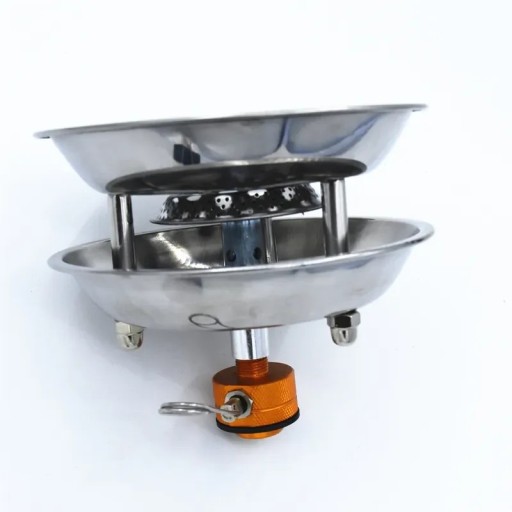 Gasfornuis voor gaspatroon roestvrij staal 135 x 120 mm met metalen haak en dubbele kom gewicht 320 g voor kamperen en koken in de buitenlucht