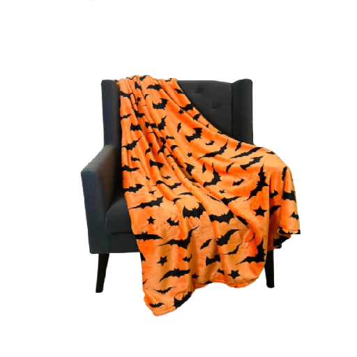Gave tæppe med flagermus og stjerner 70 x 100 cm blød flannel orange med sort tryk tæppe til stol, bil og rejser