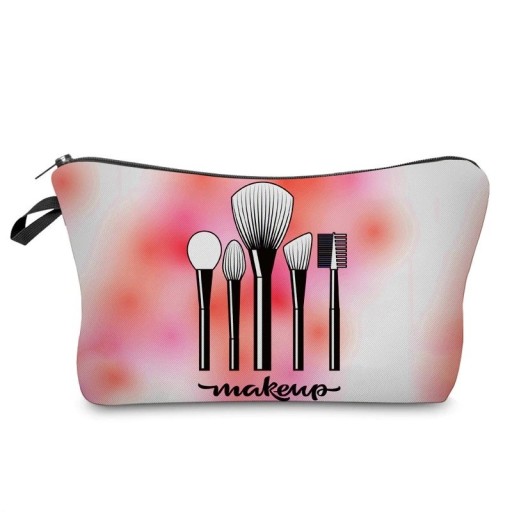 Geantă cosmetică pentru femei pentru machiaj 13,5 x 22 cm Imprimare cu pensule cosmetice cu inscripția makeup Trecere de culori roz-alb