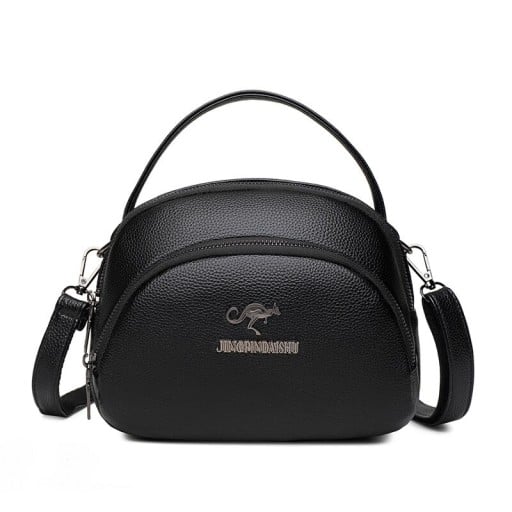 Geantă crossbody pentru femei, cu formă rotundă, mâner superior și curea. Mai multe compartimente cu fermoar. Piele PU texturată. 21 x 17