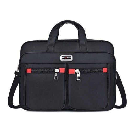 Geantă neagră pentru laptop cu mânere și curea de umăr Mai multe compartimente cu fermoar Două buzunare frontale cu mânere roșii Poliester 30 x 12 x
