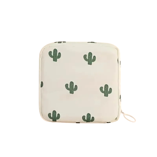 Geantă pentru absorbante și tampoane pentru femei 12 x 12 x 4 cm Sac de depozitare impermeabil cu fermoar Pouch din material textil cu fundal alb și model de cactus