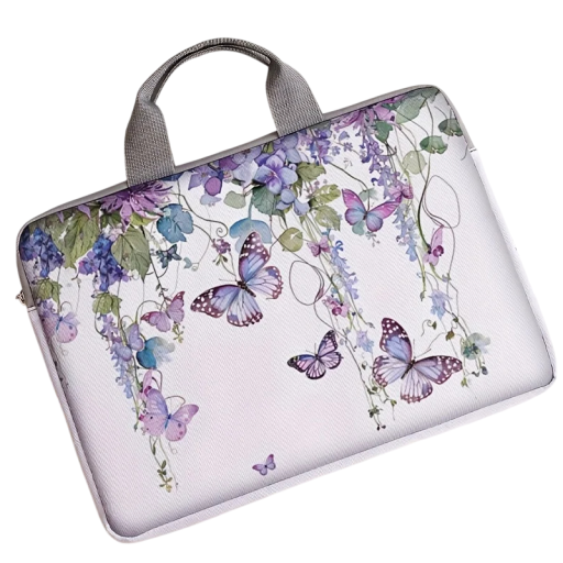 Geantă pentru laptop 14 inch, husă moale 38 x 26 cm cu mânere și fermoar cu motiv floral și fluturi violeți pe fundal deschis