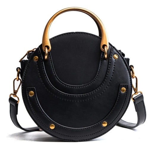 Geantă rotundă de damă crossbody cu ureche metalică solidă Curea cu carabiniere Cusături decorative și ținte Piele PU 17 x 16 x 8 cm